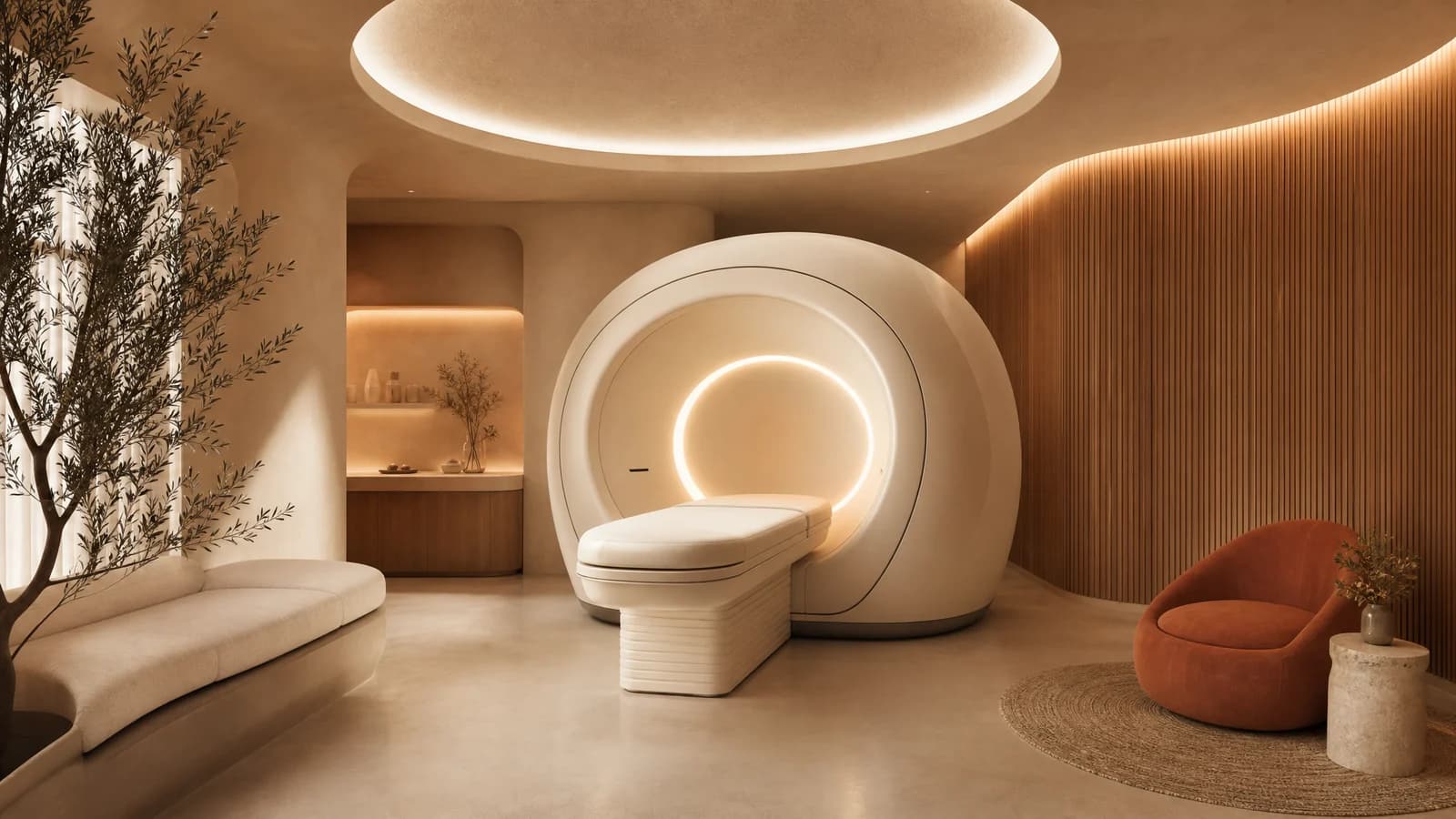 A calm, softly lit future health clinic with a rounded body-scanner at its centre